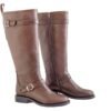 Bota Odette artesanal cuero Breach chocolate, vista tres cuartos con hebilla y cremallera – Rose Blanche Patagonia