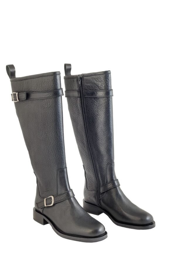 Bota Odette cuero Breach negro con cremallera lateral y hebilla en caña, vista lateral – Rose Blanche