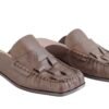 zueco-allegra-cuero-chocolate-trenzado-lateral-rose-blanche.jpg Zueco Allegra Rose Blanche cuero chocolate, vista lateral con costura mocasín y puntera cuadrada